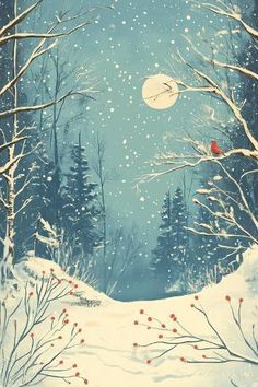 a painting of a snowy night with trees and a red bird sitting on the branch