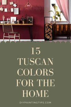 a living room with red walls and furniture in the background, text reads 15 tuscann colors for the home