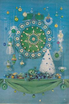 a christmas card with an image of a tree and ornaments on the table, in front of a clock