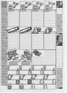 a black and white drawing of various items in a display case with writing on them