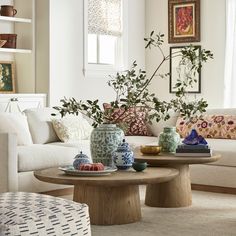 a living room filled with white furniture and lots of plants on top of it's tables