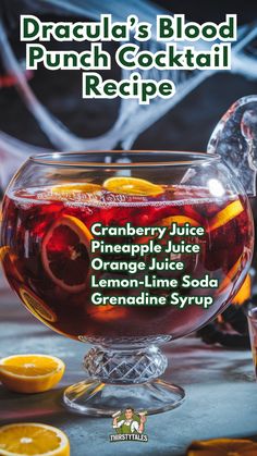 the cover of dracula's blood punch cocktail recipe, featuring orange slices and cranberry juice