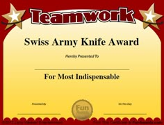 an award certificate is shown for the best employee in teamwork, which has been awarded