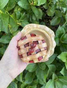 a hand holding a small pie in front of some green plants and leaves on the ground