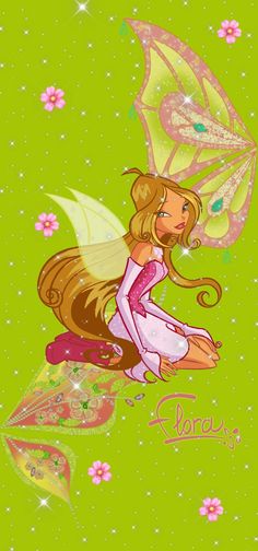 a cartoon fairy sitting on top of a green surface with flowers and butterflies around her