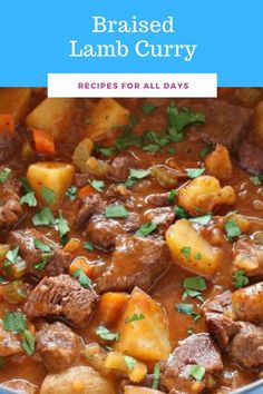 a blue bowl filled with stew and potatoes on top of a wooden table next to the words, braised lamb curry recipes for all days