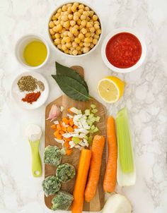 the ingredients for this meal include carrots, celery, broccoli and chickpeas