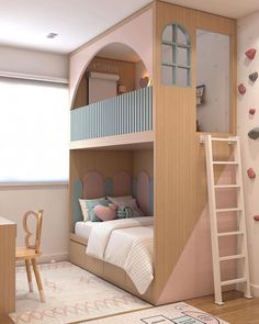 a child's bedroom with a bunk bed, desk and ladder to the second floor