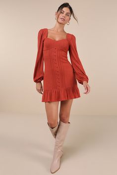 Everyone will be wishing to they could look as cute and cozy as you in the Lulus Coveted Sweetness Rust Pointelle Knit Long Sleeve Mini Dress! Stretchy knit fabric boasts a subtle pointelle pattern as it shapes this darling dress that features a sweetheart-style neckline and long balloon sleeves with gathering at the shoulders and elastic cuffs. The bodycon silhouette features a flattering under-bust seam, a row of decorative buttons along the center, and a ruffled mini hem. Scalloped lace trim Long Sleeve Under Dress, Red Long Sleeve Dress, Tier Dress, Tiered Ruffle Dress, Pointelle Knit, Darling Dress, Short Dresses Casual, Long Sleeve Short Dress, Under Dress