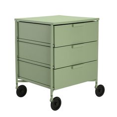 a green cart with three drawers on wheels