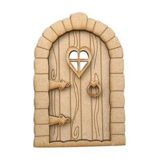 a wooden door with a heart and two mice on the outside, in front of a white background