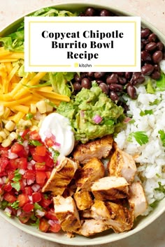 a bowl filled with chicken, rice, beans and guacamole on top