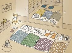 an illustration of a bedroom with cats on the bedspread and other things in the room