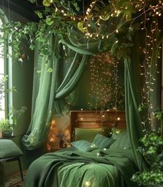 a bed with green sheets and lights hanging from the ceiling