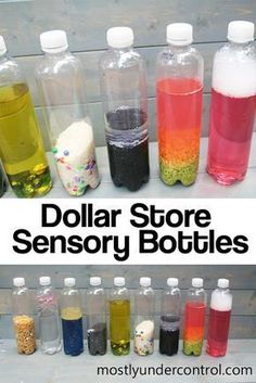 bottles filled with different colored liquids and the words dollar store sensory bottles