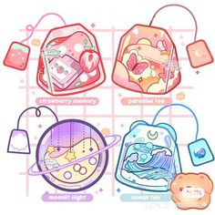 four bags with different designs on them, one is pink and the other is blue