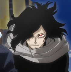 an anime character with black hair and red eyes wearing a scarf around his neck looking at the camera