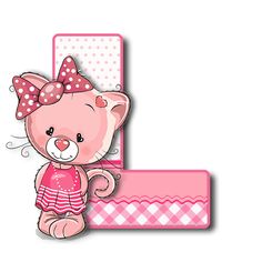 a pink teddy bear with a bow on it's head sitting in front of a letter