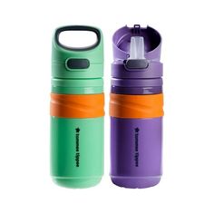 two insulated water bottles one is green and the other is purple