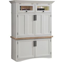 a white cabinet with two doors and some drawers on top of the cupboard is shown