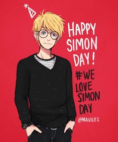 a drawing of a young man with glasses on his face and the words happy simon day