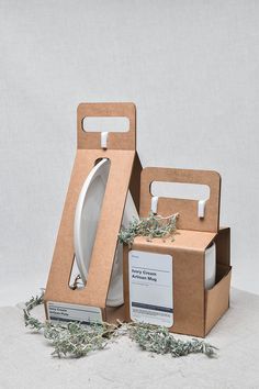 two cardboard boxes with plants growing out of them, one opened and the other closed