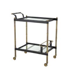 a black and gold serving cart with glass shelves