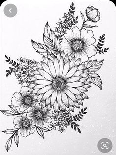 a black and white drawing of flowers on a pink background