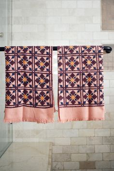 Block printed geometric diamond printed waffle weave khadi hand towels hanging on a shower rod Beautiful Placemats, Printed Towels, Khadi Fabric, Summer Dinner Party, Hand Towels Kitchen, Hand Block Printing, Cotton Hand Towels, Geometric Diamond, Diamond Print