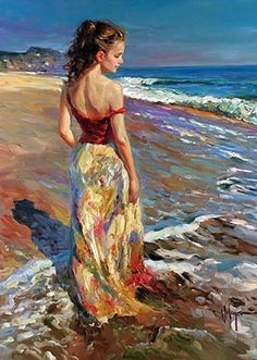 a painting of a woman standing on the beach