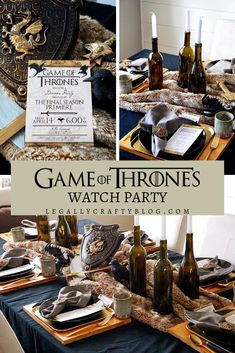 the game of thrones watch party is set up with wine bottles and silverware