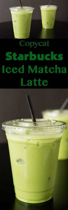 two cups filled with green liquid on top of a black table and the words copycat starbucks's iced matcha latte