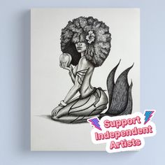 a black and white drawing of a woman sitting on the ground with an afro hair style