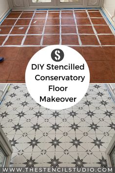 two pictures with the words diy stenciled conservatory floor makeover