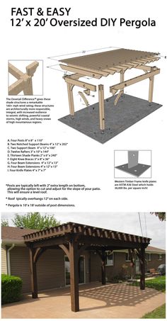 the instructions for how to build an outdoor pergola with wood posts and roof