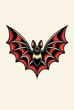 a bat with red wings and fangs on it's back, flying through the air