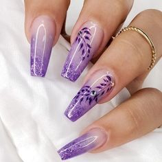 Purple And White Nails, Purple Nail Art Designs, Purple Glitter Nails, Purple Nail Art, Long Acrylic Nail Designs, Ombre Nails Glitter