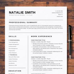 a professional resume template on top of a wooden table next to a pen and pencil