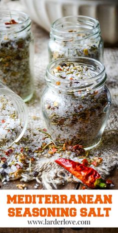 three mason jars filled with homemade mediterranean seasoning salt