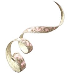 a pair of pink and white ribbon with gold trims on the ends, in an intricate design