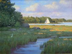 a painting of a sailboat on the water near some grass and rocks with trees in the background