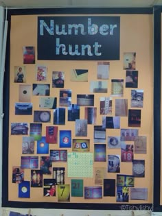 a bulletin board covered in pictures and magnets with the words number hunt written on it