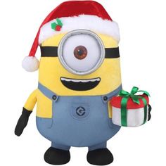 a yellow and blue minion with a christmas hat holding a present in it's hand