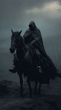 a man riding on the back of a horse in a dark forest under a cloudy sky