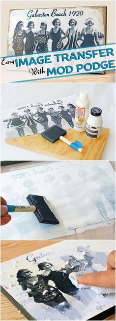 the process of painting an old photo with acrylic paint on wood planks