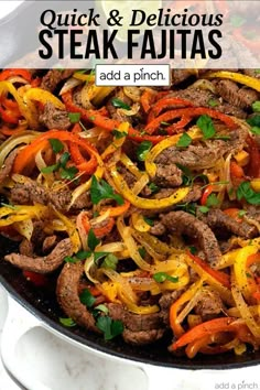 Steak Fajitas Recipe – Steak fajitas make a quick and easy meal perfect for weeknight suppers or weekend celebrations! Made with beef, peppers, onions and served with a stack of warm tortillas and condiments. They are always a favorite! // addapinch.com #steakfajitas #steakfajitarecipe #fajitas #addapinch Skirt Steak Fajitas, Steak Fajitas Recipe, Easy Steak Fajitas, Beef Food Recipes, Easy Weeknight Recipes