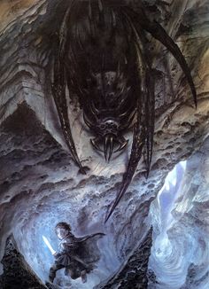 a man standing in front of a giant monster on top of a cave filled with water