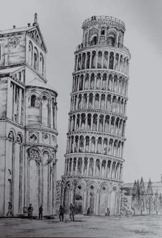 a pencil drawing of the leaning tower of pisa, with two people standing in front