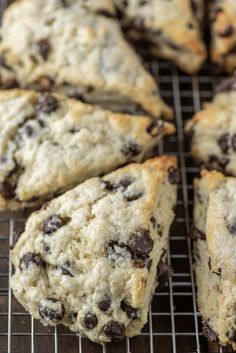 chocolate chip scones on a cooling rack with text overlay that says chocolate chip cookies