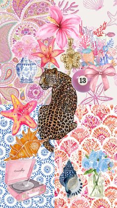 an animal surrounded by flowers and other items on a white background with pink, blue, orange